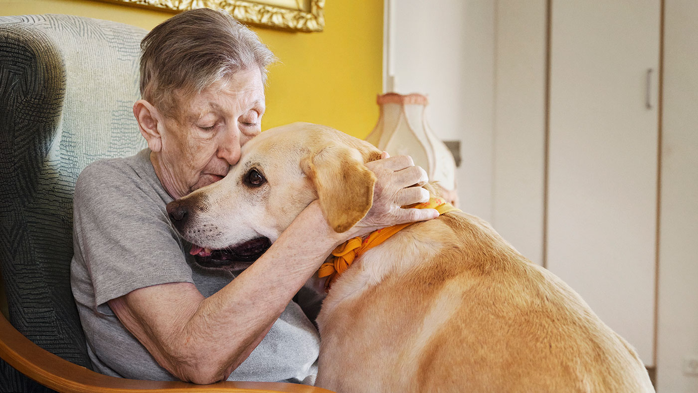 Ældre beboer i lænestol krammer besøgshund
