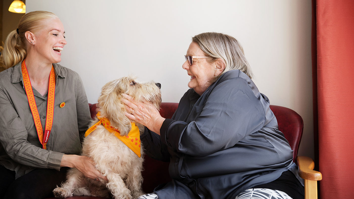 Glad besøgshundeejer på besøg med hund hos glad ældre kvinde